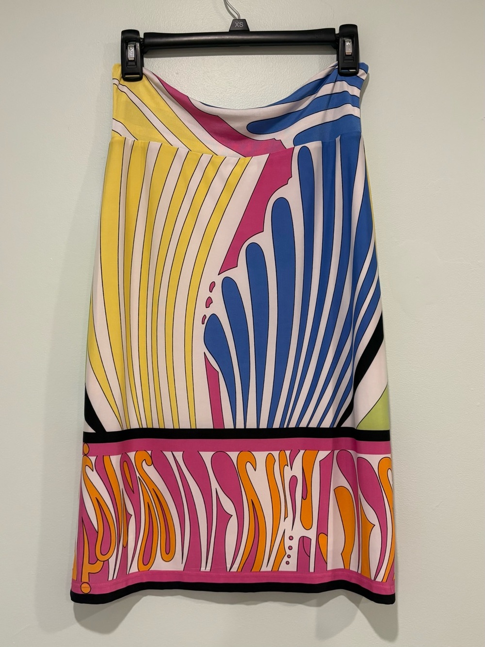 Pucci inspired, Analili Yellow Blue Pink Abstract Print Midi skirt